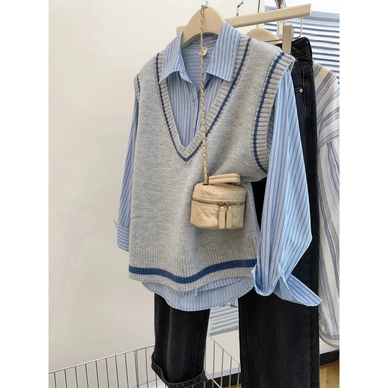 灰色v领韩系针织马甲背心女春秋秋冬季坎肩毛衣叠穿衬衫马夹套装