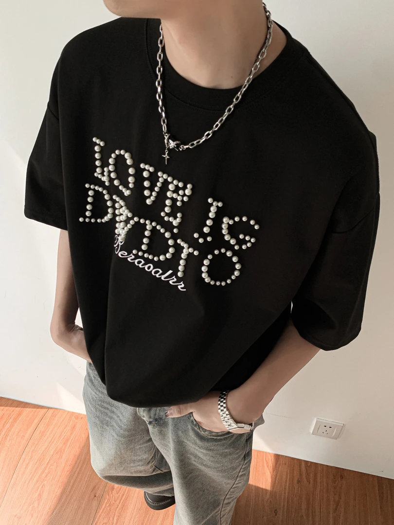 立体珍珠字母标语短袖T恤男女同款设计感小领口纯棉半袖上衣服