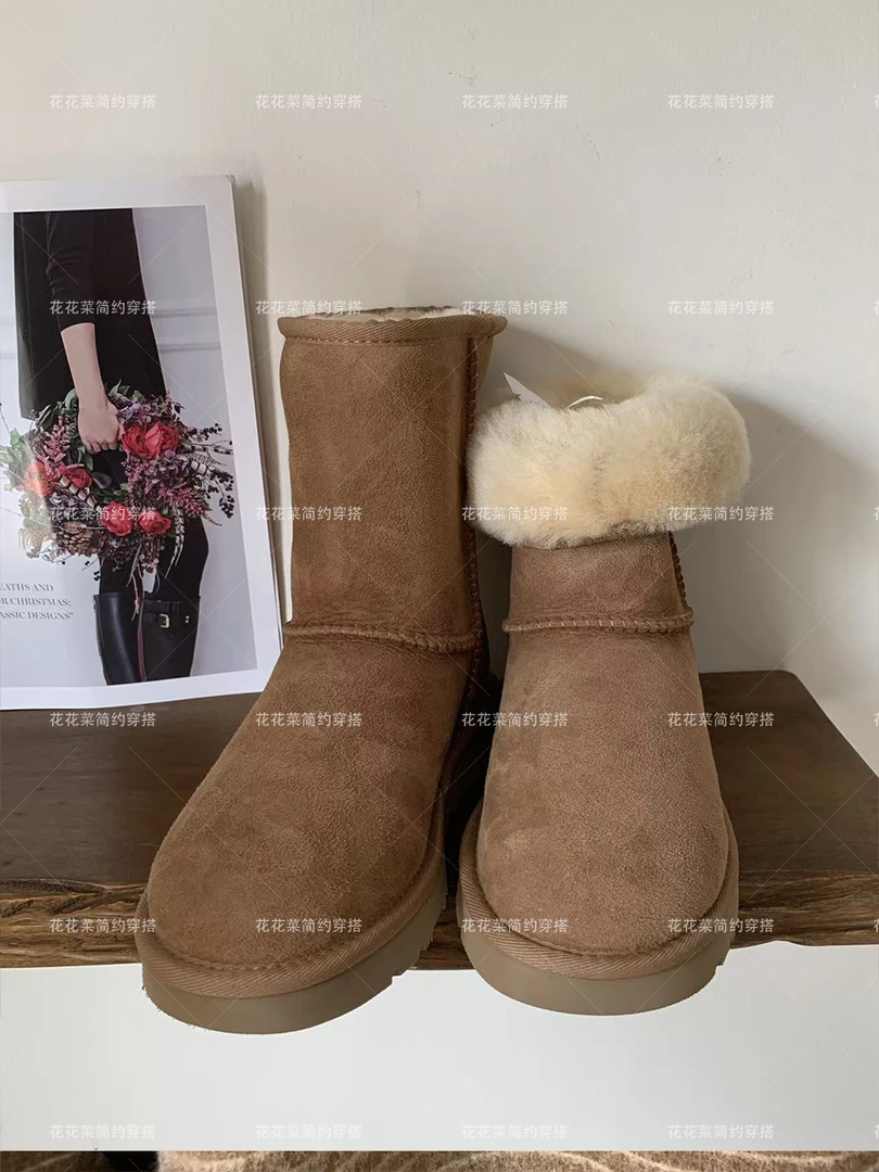 【花花菜】纯羊皮毛一体  冬季磨砂皮保暖中筒加绒时尚雪地靴