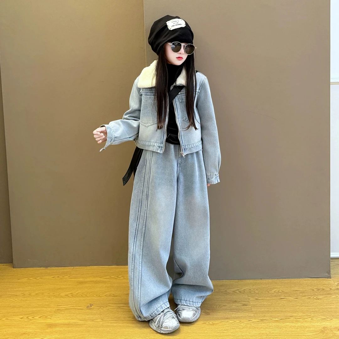 女童2025新款洋气秋冬季牛仔加绒套装中大童冬装韩版时尚新品洋气