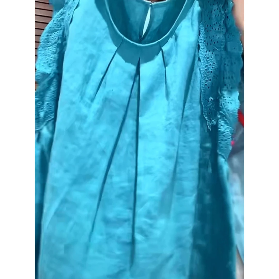 惊艳感满满！短袖衬衫女夏2025韩版圆领宽松镂空衬衣蓝色背心上衣