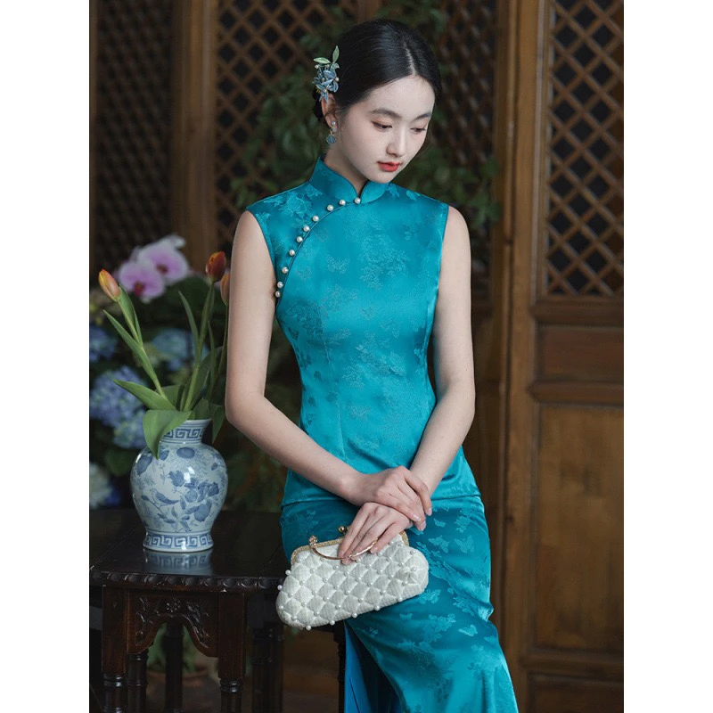［绿酒行歌］复古旗袍夏季蓝色新中式2025新款显白显瘦无袖