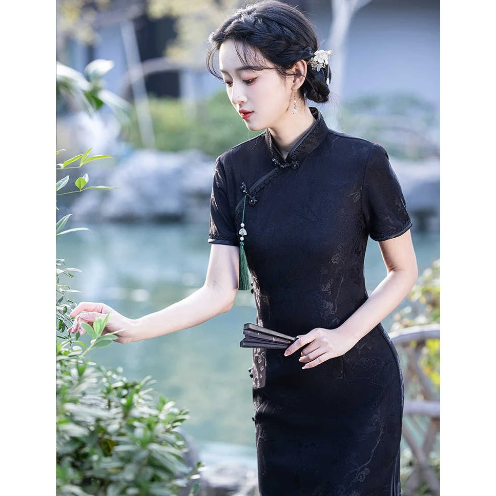 黑色旗袍2025高贵气质改良新中式显瘦日常可穿高端修身复古长款夏