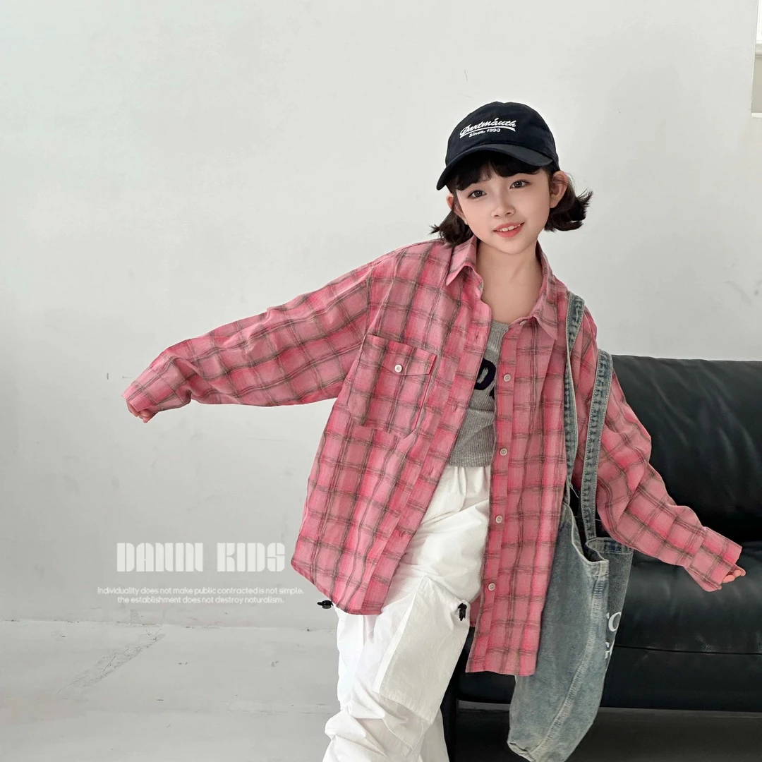 【嗒囜】女童25春季新款百搭格子衬衫儿童洋气休闲服装长袖衬衣外套