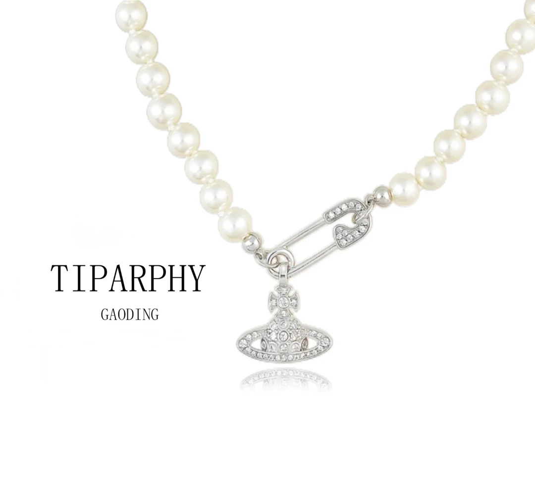 铜合金仿珍珠项链 TIPARPHY/帝铂翡 轻奢银色土星珠珠别针项链