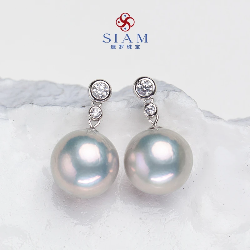 【暹罗珠宝】天然特选极光’铂金灰‘珍珠耳坠13-14mm 338