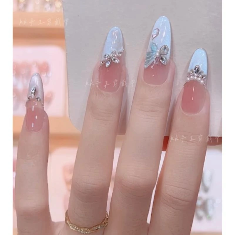 【蓝蝴蝶】纯手工法式蓝色猫眼碎钻爆闪显白高级感穿戴甲