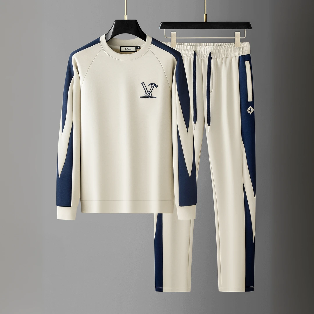 内米霍切秋季时尚撞色拼接两件套面膜空气层男士卫衣休闲运动套装