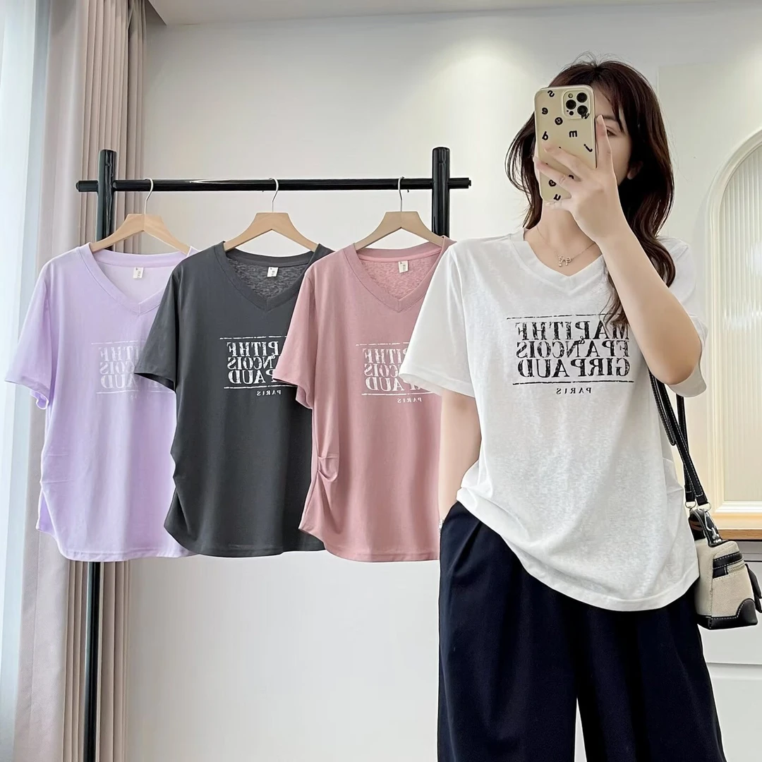 大码胖mm洋气时尚收腰显瘦V领字母印花T恤女夏季新款正肩上衣遮肉