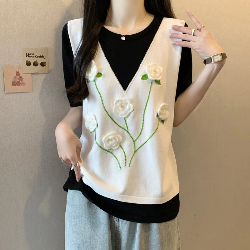 大码女装遮肚子立体花朵假两件短袖打底衫夏季胖妹妹显瘦针织上衣