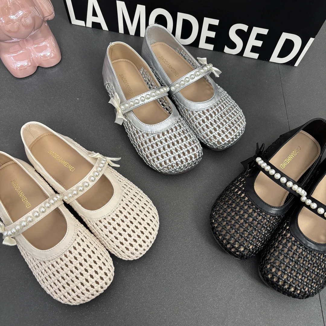 2025夏季透气法式编织镂空中跟蝴蝶结镂空鞋玛丽珍凉鞋浅口软底