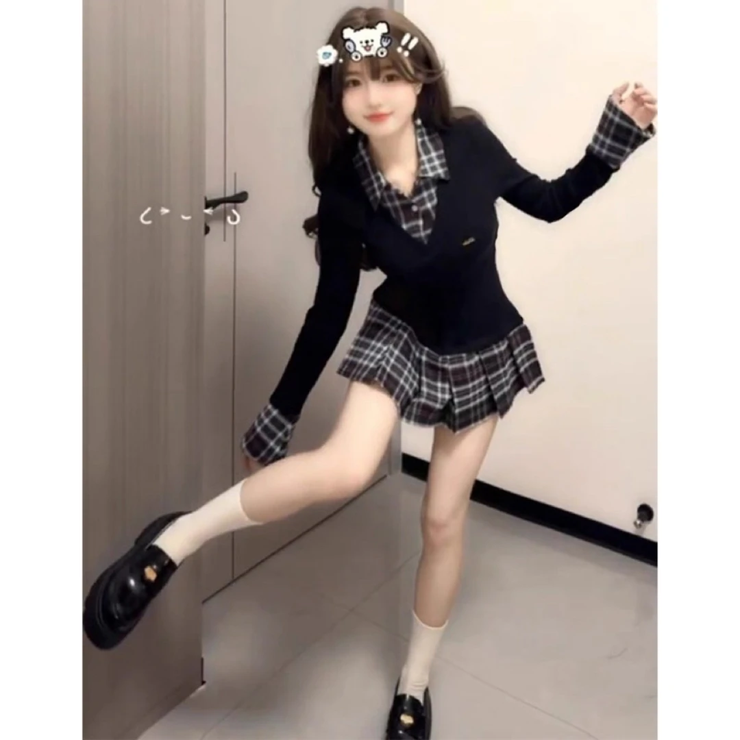 【现货】【早秋学院风】格纹拼接假两件连衣裙夏季修身长袖polo领百