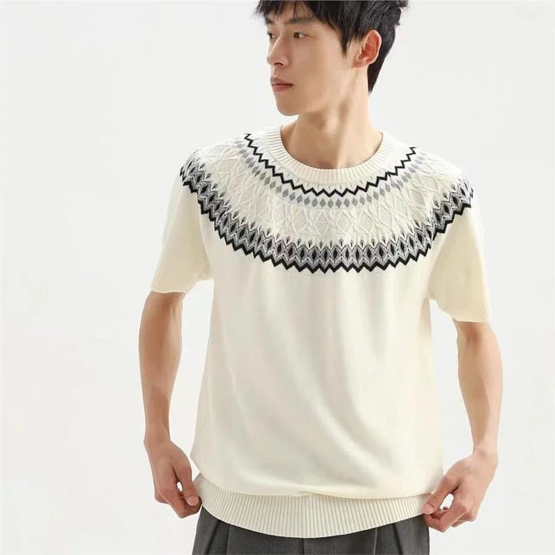 671 夏季美式复古针织短袖冰丝提花设计感老钱风T恤