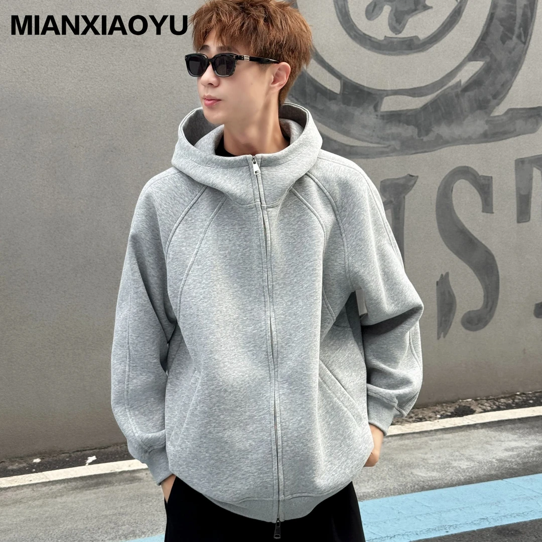 美式重磅拉链外套连帽卫衣复古秋冬男装纯色立领情侣百搭运动开衫