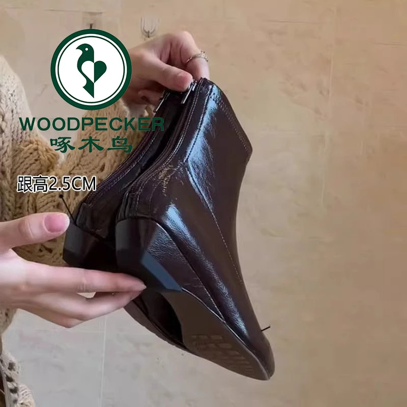 啄木鸟瘦瘦靴女软皮后拉链方头气质坡跟2.5cm短靴显瘦弹力靴子