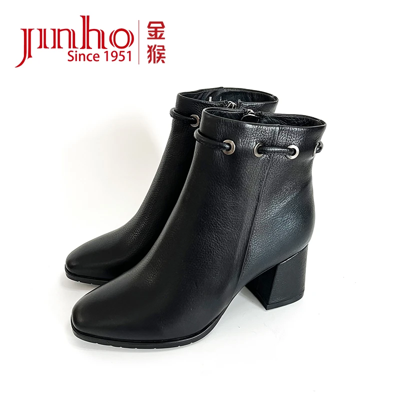 Jinho/金猴【微瑕，介意勿拍】真皮加绒女士跟鞋粗跟短靴747010A