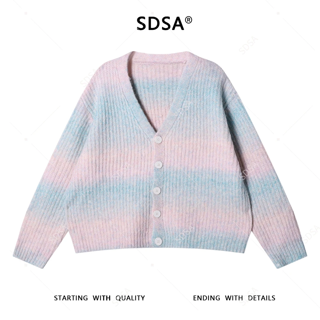 SDSA男士秋冬新款痞帅男装简约渐变纽扣V领针织衫温柔百搭毛衣潮