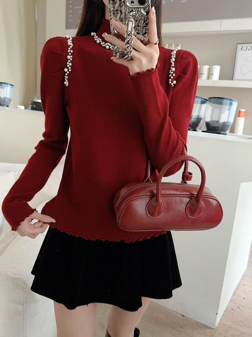 重工钉珠半高领木耳边时尚百搭针织打底衫MC9106