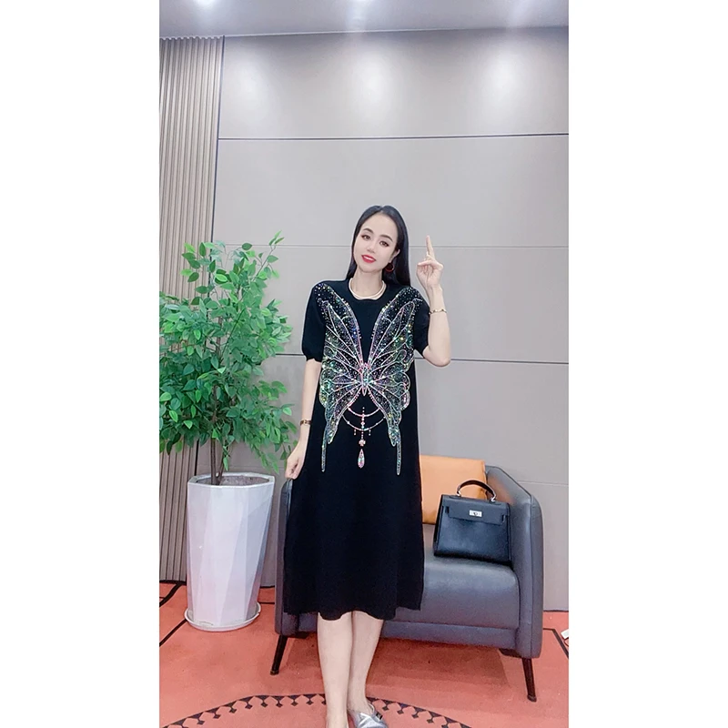 4116 大蝴蝶烫钻夏季新款连衣裙显瘦遮肉宽松款