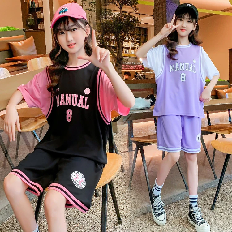 中大儿童篮球服女童套装幼儿六一表演出服女孩假两件新款训练球衣