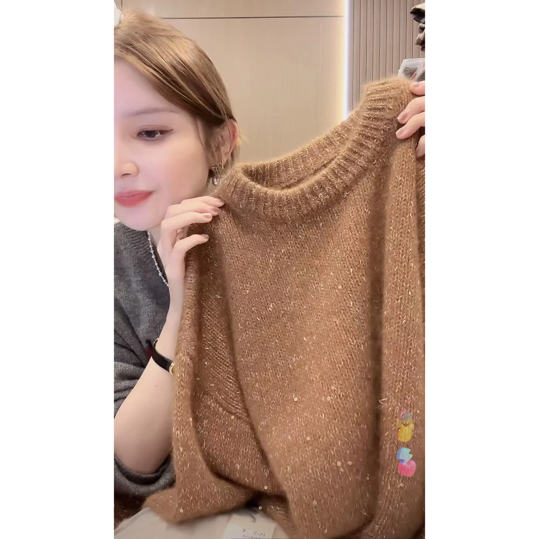 【亮片金驼色】韩版时尚亮丝套头圆领加厚针织衫毛衣女QQ