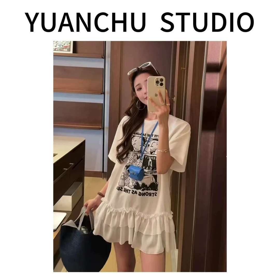 【YC】欧洲站卡通趣味印花荷叶边拼接大版T恤2025夏新款女洋气上衣