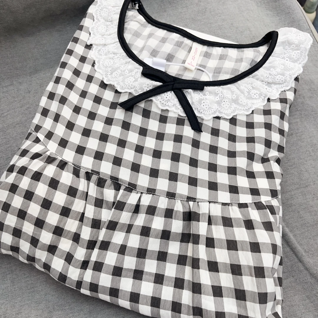 【R548】夏款套头黑格少女短袖短裤+长裤三件套+胸垫【套头款】