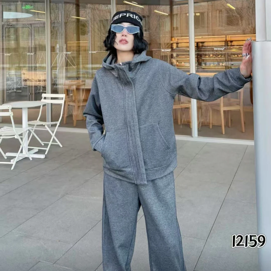 2025年早春新款欧货休闲运动套装女款连帽卫衣高腰阔腿裤两件套