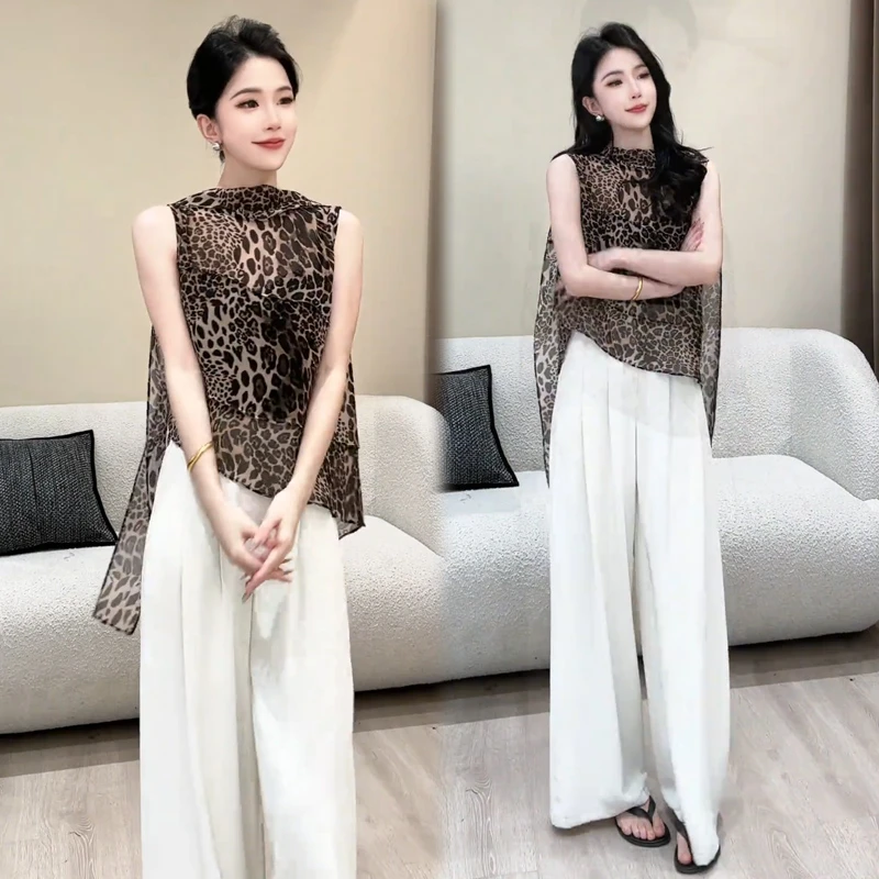 时尚套装女2025夏季新款时髦洋气设计感飘带无袖衬衫阔腿裤两件套