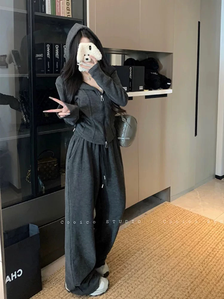 大码女装慵懒休闲套装修身显瘦百搭连帽外套高腰阔腿裤两件套5735