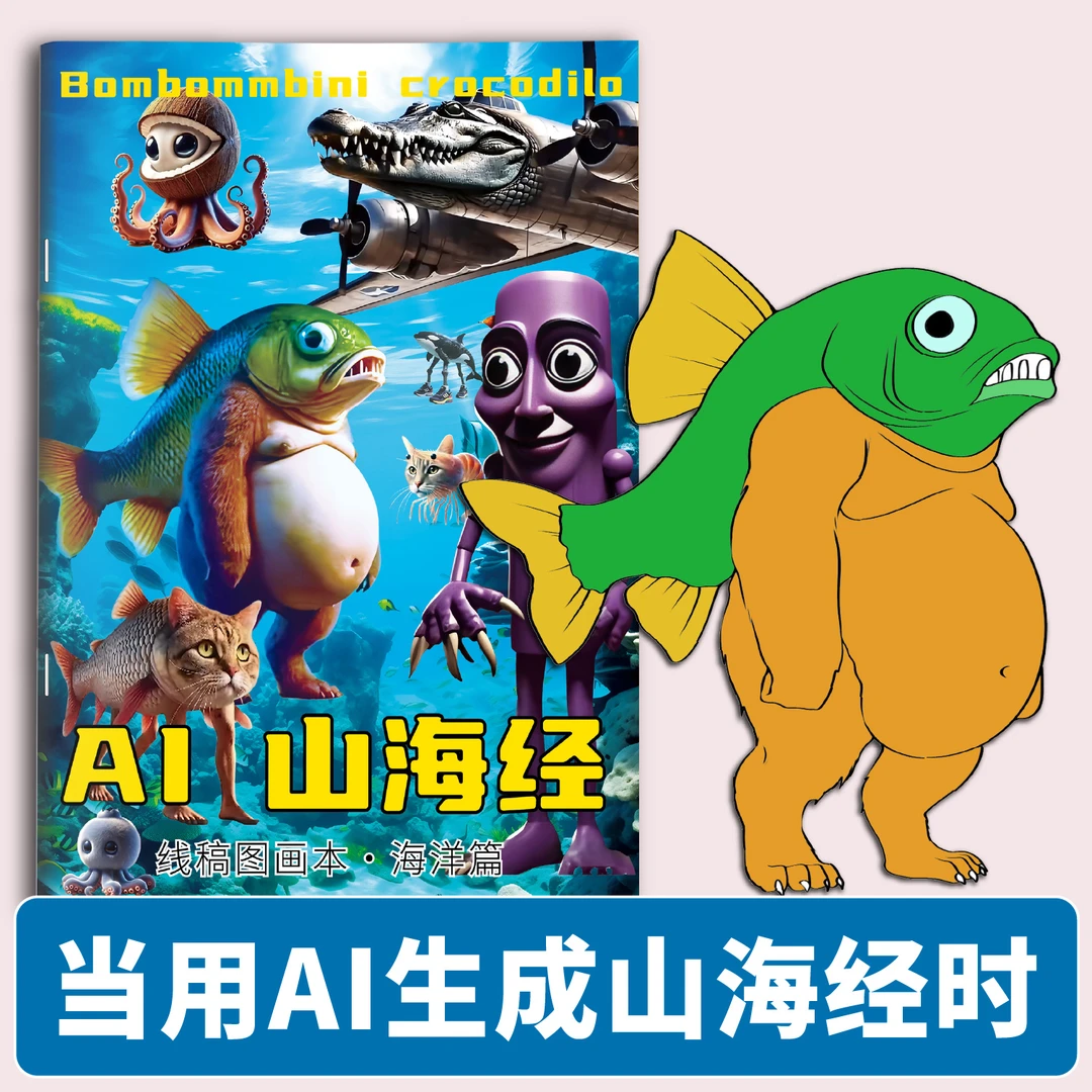 AI山海经tungtungsahur木棍人填色画本穿鞋鲨鱼儿童益智临摹画册