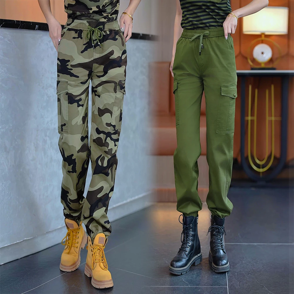 女士迷彩裤女春秋新款户外休闲弹力高腰工装裤宽松显瘦裤运动裤女