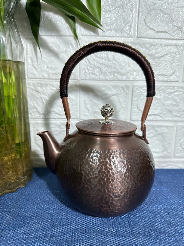 1300ml手工锤纹紫铜提梁壶烧水壶复古做旧煮茶器