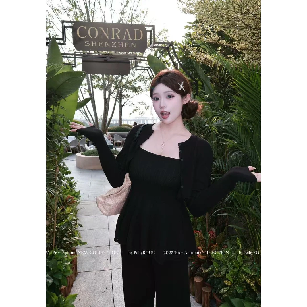 【清雅艺术生】温与柔法式气质收腰显瘦小众早秋针织吊带开衫套装