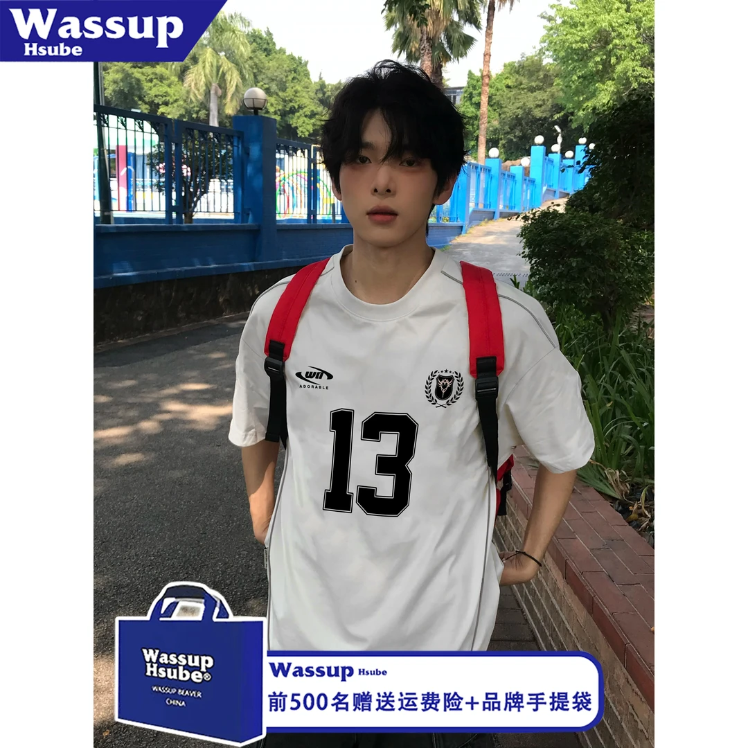WASSUP HSUBE字母印花拼接线条短袖T恤男女ins高级感个性百搭上衣