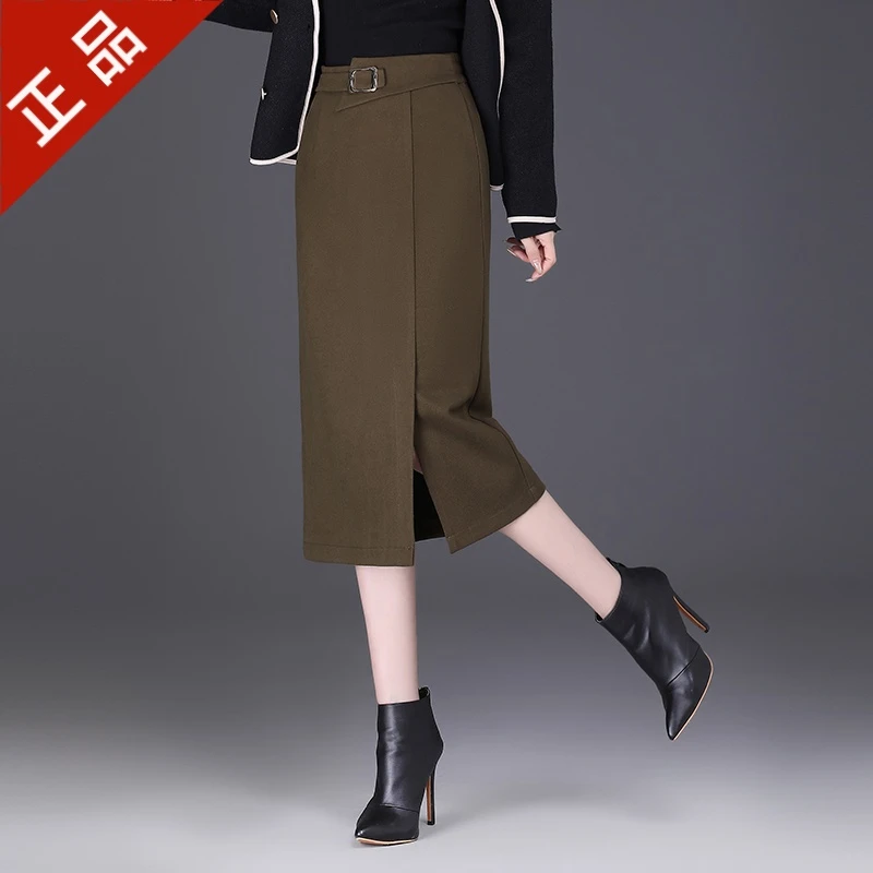 2025正品哥弟新款女毛呢半身裙中长款秋冬直筒包臀显瘦开叉一步裙