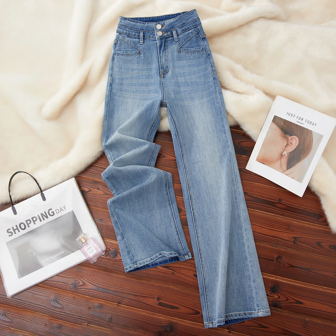 天空蓝天丝牛仔裤女2025年新款夏季薄款微喇裤子高腰喇叭裤9523