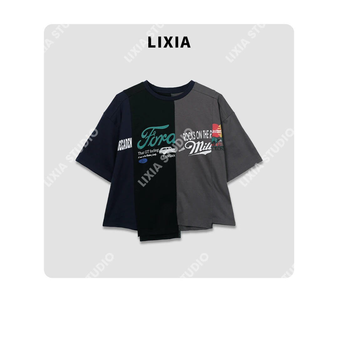 LIXIA【拼接画展】纯棉强设计感拼接不同图案时尚潮流T恤-D8102