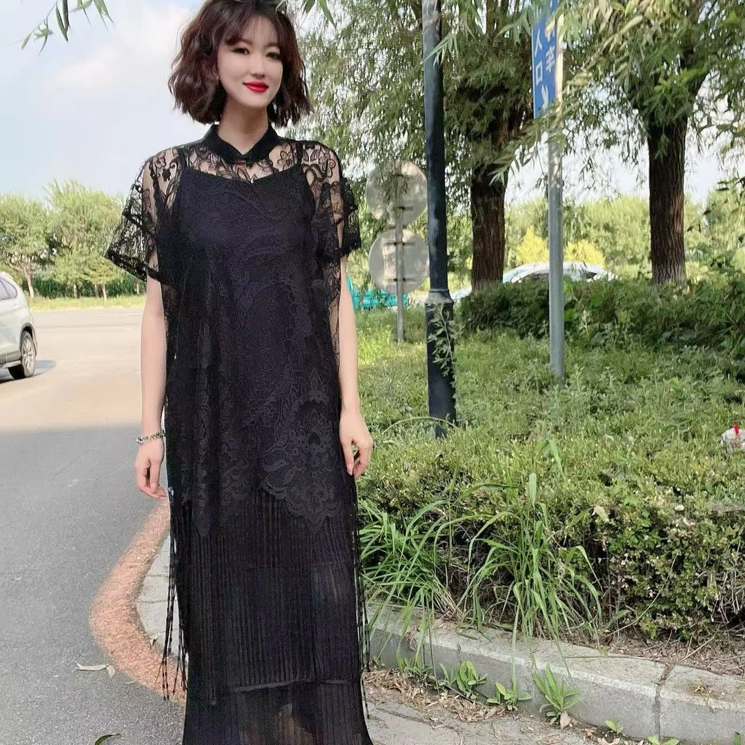 YY大码(拒绝焦虑)短袖夏季显瘦黑色百搭重工连衣裙套装
