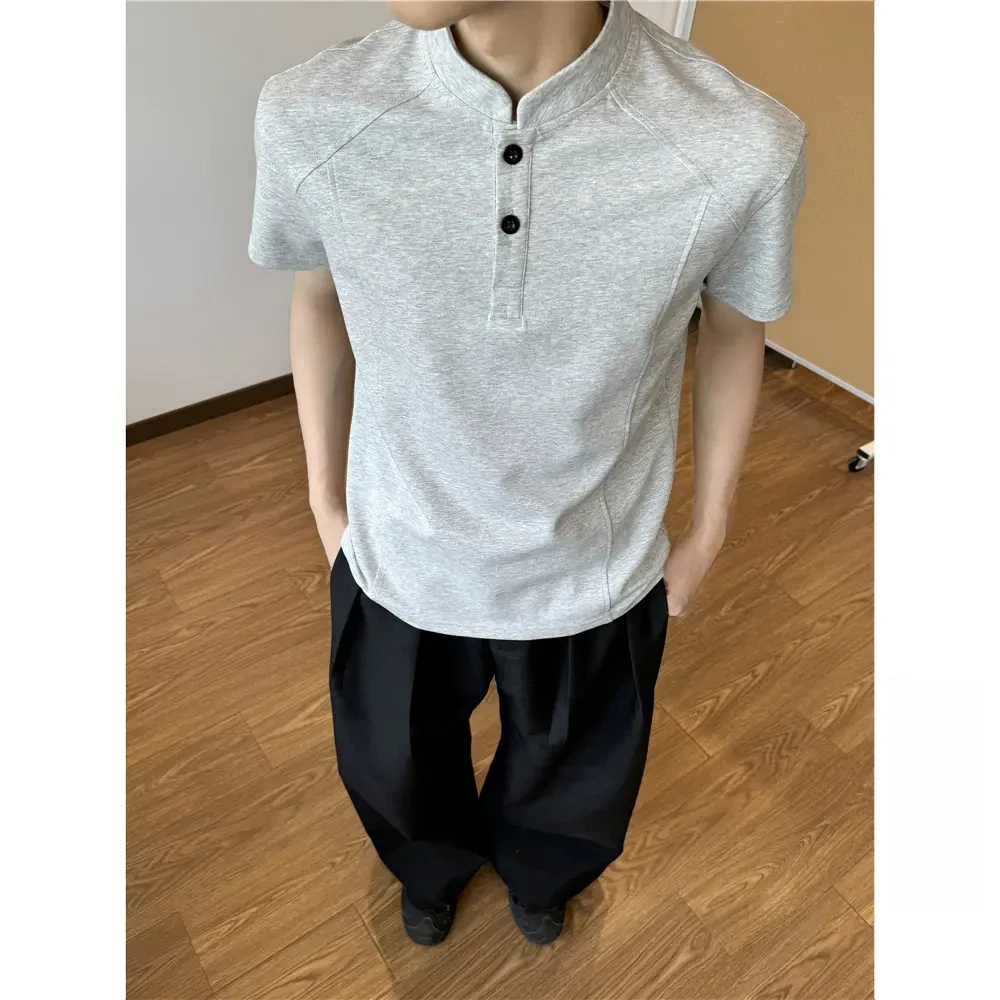 美式复古亨利领T恤男款夏季cleanfit短袖正肩显瘦短款polo衫上衣