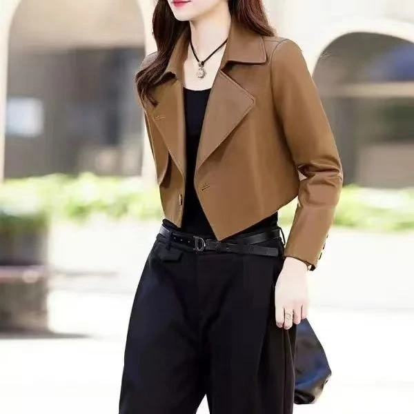 女款修身PU皮夹克超短款西装领时尚休闲外套2024秋小个子高级感气