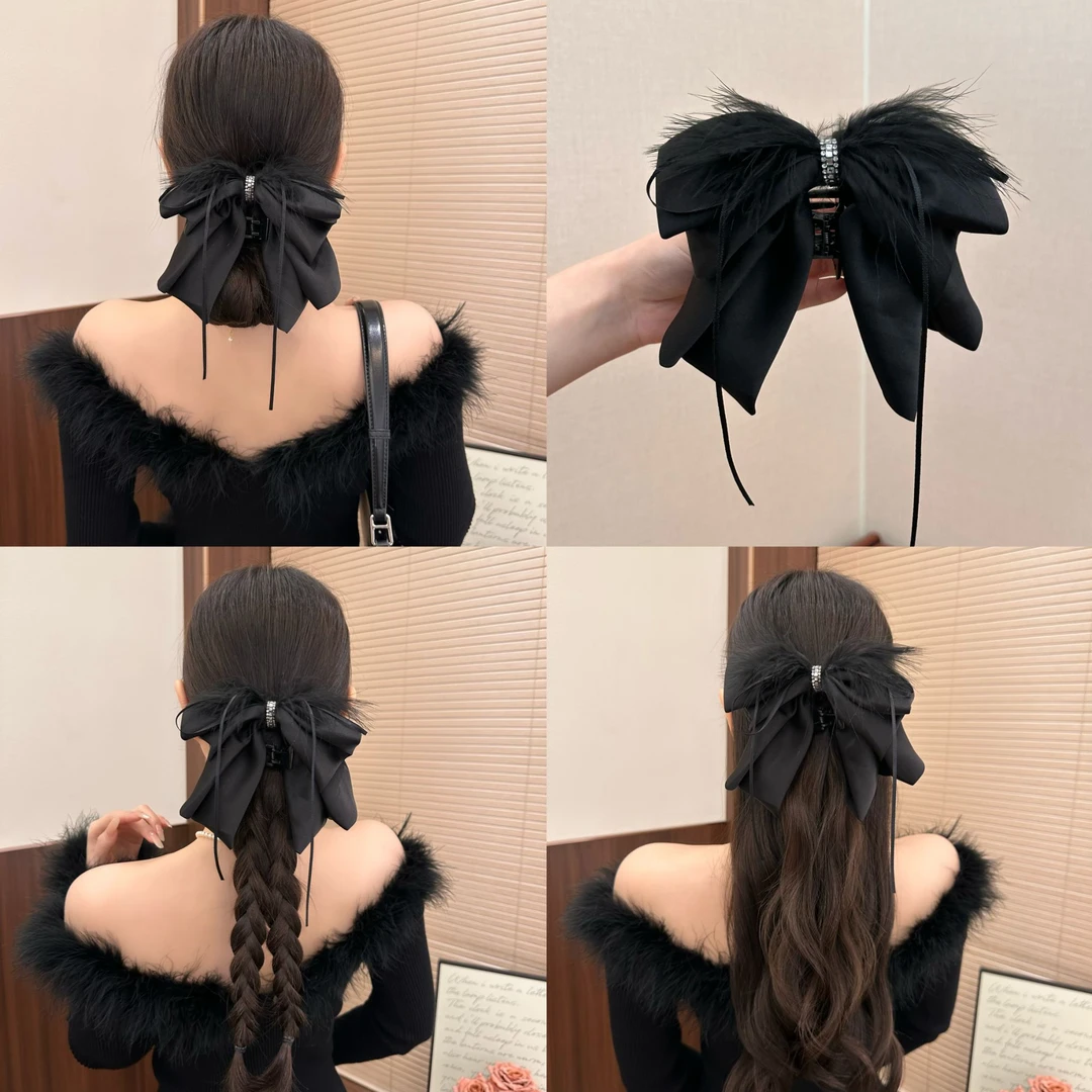 秋冬新款蝴蝶结羽毛马尾夹发饰女后脑子半扎发鲨鱼夹轻奢公主抓夹