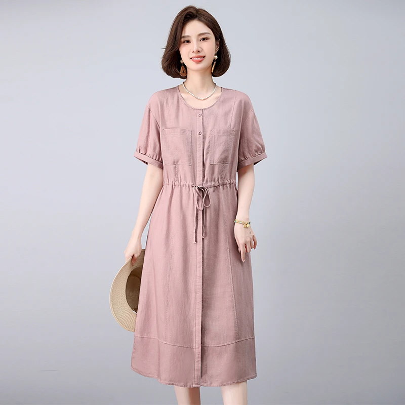 时尚休闲天丝麻连衣裙女2025夏季新款妈妈抽绳收腰遮肚短袖中长裙