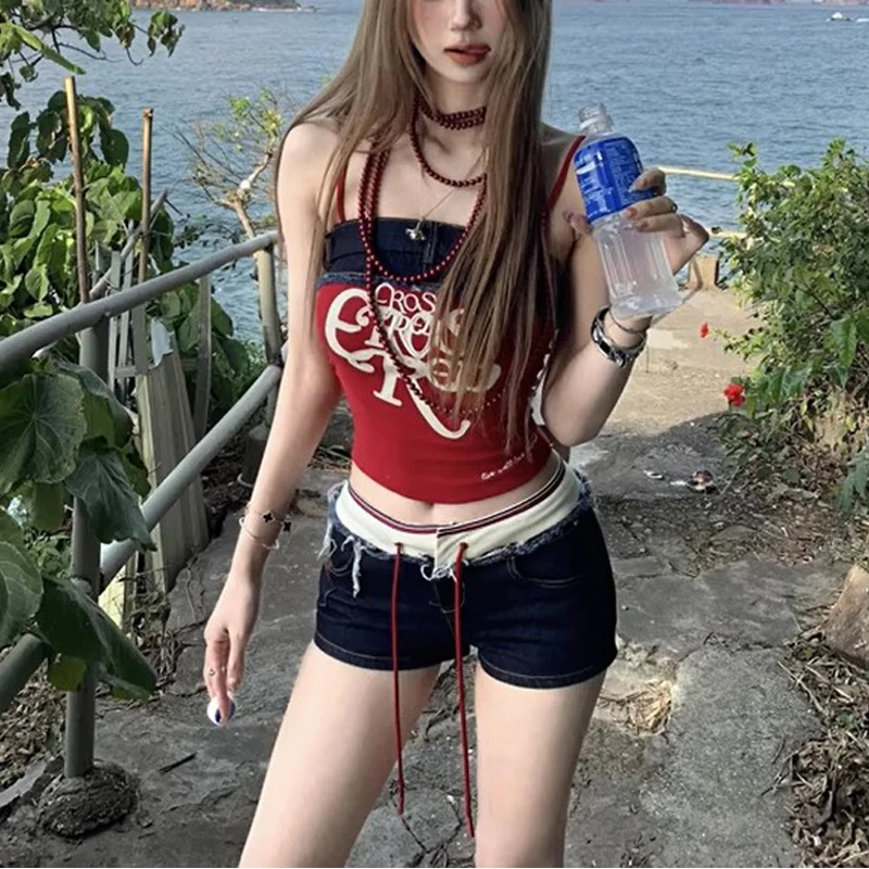 y2k千禧风设计感腰头拼接牛仔短裤女夏季辣妹低腰显瘦包臀热舞裤