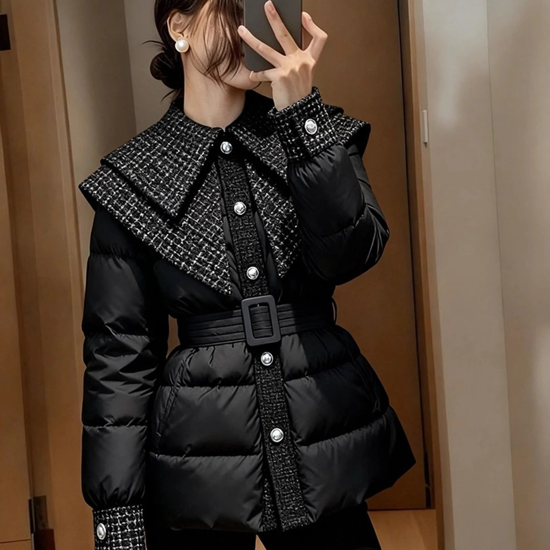 超好看夹棉厚外套女2025秋冬新款高端洋气翻领小香风收腰黑色棉服