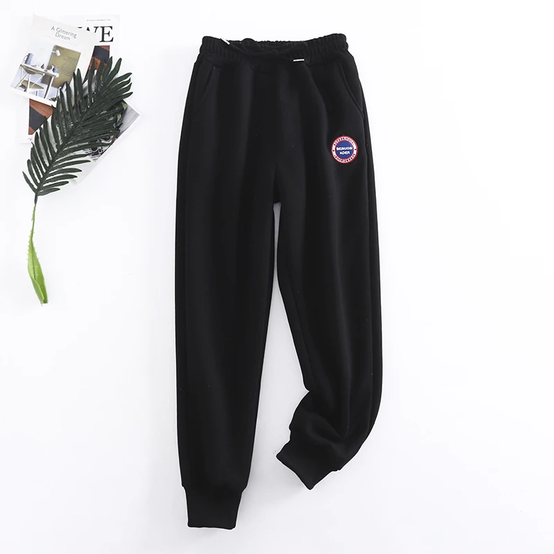 羊羔毛冬季保暖刺绣宽松运动裤时尚长裤休闲卫裤灰色加绒加厚束口