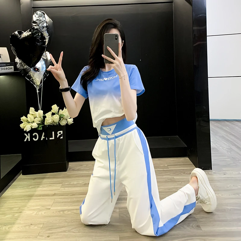 渐变短袖运动风套装女夏2025韩版潮休闲时尚阔腿裤两件套减龄宽松