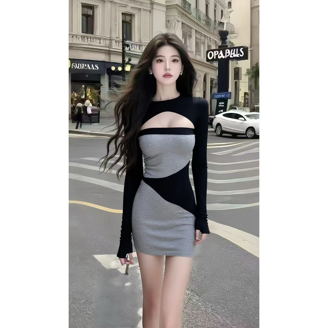 气质名媛纯欲辣妹风撞色长袖圆领镂空设计性感修身收腰包臀连衣裙