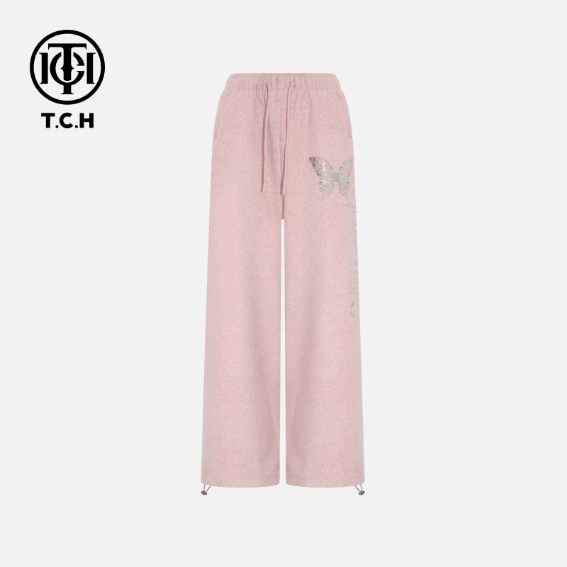 TCH私服秋冬慵懒风烫钻时尚淑女粉色休闲长裤T75D20E1010轻奢tch