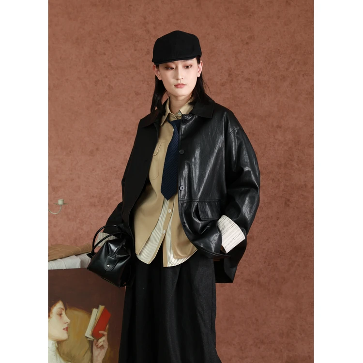 西町村屋韩系休闲百搭pu外套女春季新款气质中长款皮衣XHAA10081
